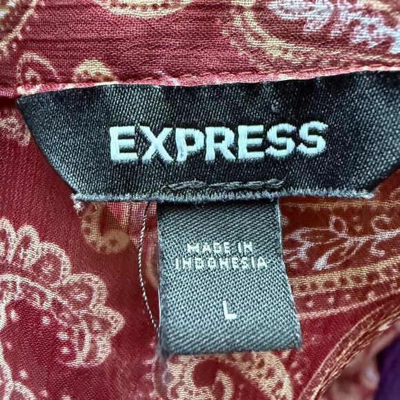 Express Burgundy Paisley Long Sleeve Sheer Button Front Blouse Large Office Fall - Picture 6 of 7